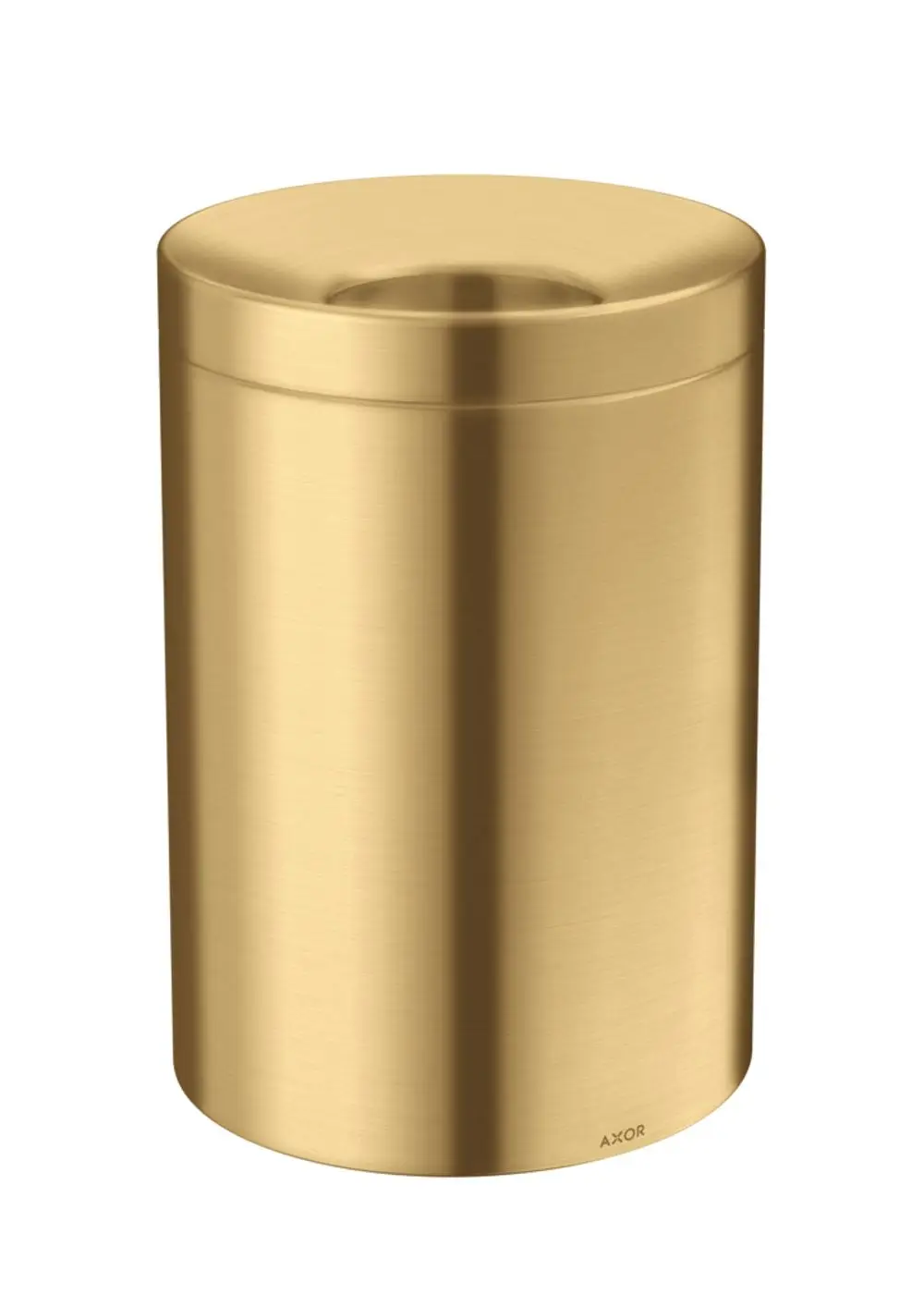 Goldfarbener Abfalleimer mit gebürsteter Oberfläche, zylindrisch und mit Deckel, von der Marke AXOR.